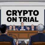A cartoon-style illustration of a U.S. Senate hearing with a bold "Crypto on Trial" sign. Paul Grewal, Coinbase’s Chief Legal Officer, is speaking at a podium while lawmakers listen attentively, representing the high-stakes discussion on crypto regulations.