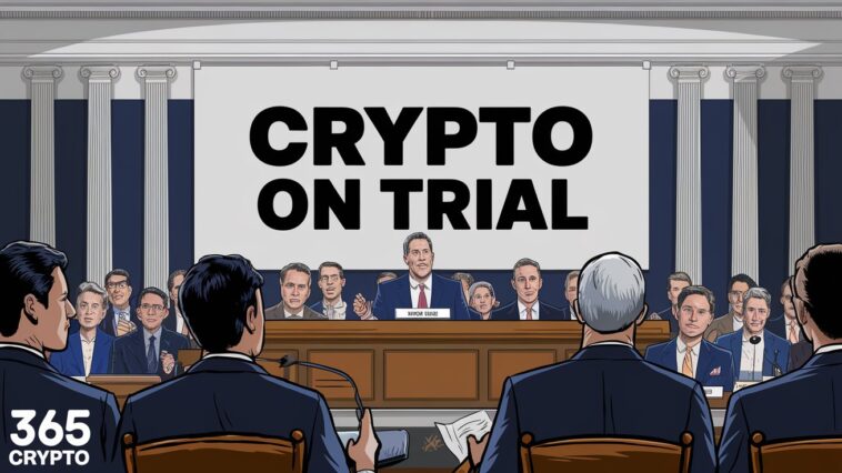 A cartoon-style illustration of a U.S. Senate hearing with a bold "Crypto on Trial" sign. Paul Grewal, Coinbase’s Chief Legal Officer, is speaking at a podium while lawmakers listen attentively, representing the high-stakes discussion on crypto regulations.